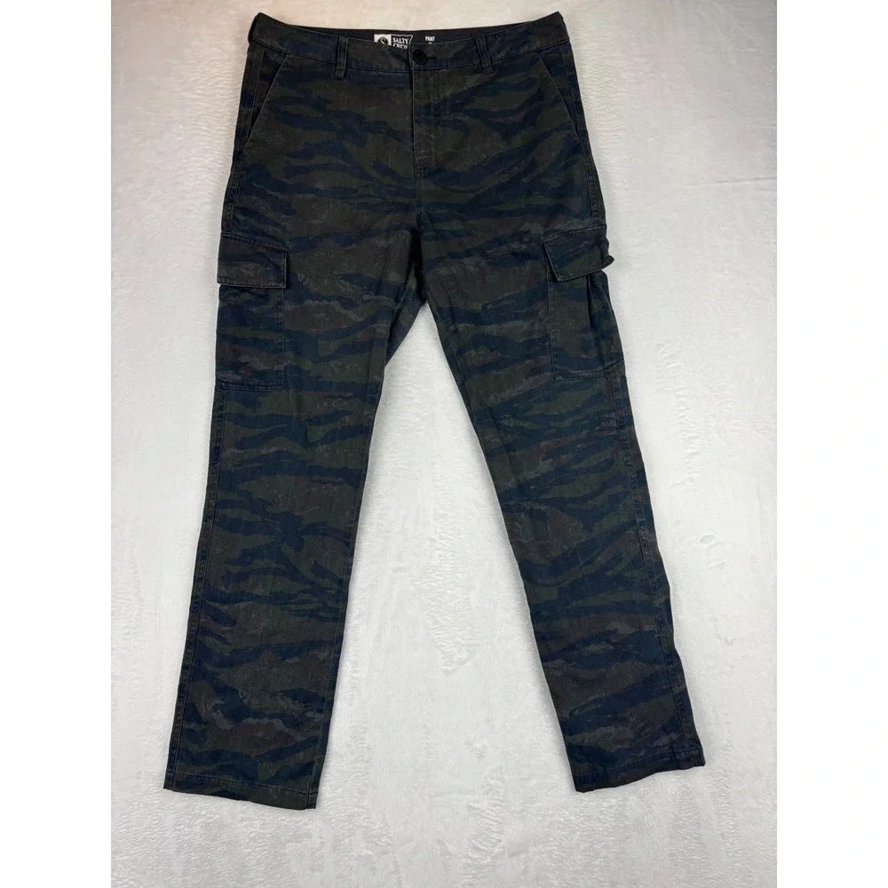 Salty Crew Mens 34x32 Cargos Tiger Stripe Dark Camo Cargo Pants Dark Green Brown
